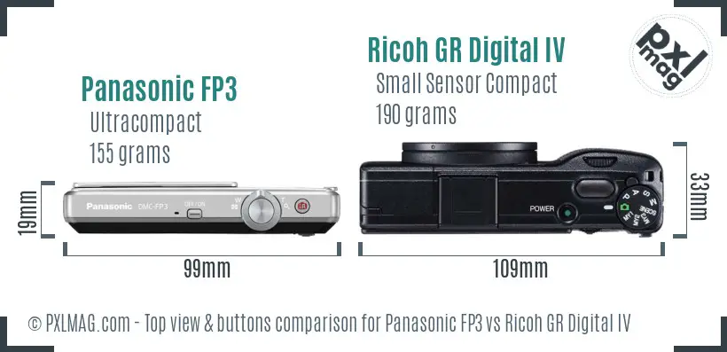 Panasonic FP3 vs Ricoh GR Digital IV top view buttons comparison