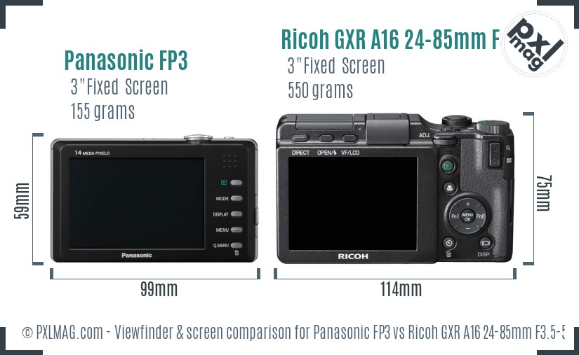 Panasonic FP3 vs Ricoh GXR A16 24-85mm F3.5-5.5 Screen and Viewfinder comparison