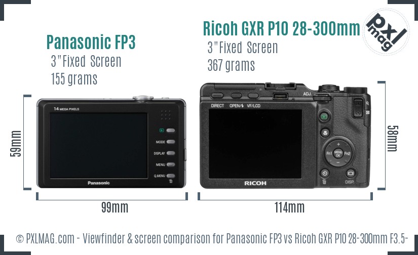 Panasonic FP3 vs Ricoh GXR P10 28-300mm F3.5-5.6 VC Screen and Viewfinder comparison