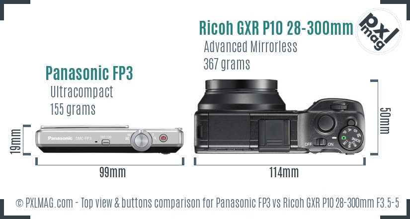 Panasonic FP3 vs Ricoh GXR P10 28-300mm F3.5-5.6 VC top view buttons comparison