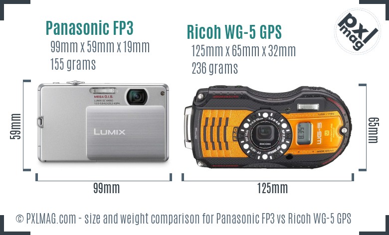 Panasonic FP3 vs Ricoh WG-5 GPS size comparison Panasonic FP3 vs Ricoh WG-5 GPS size comparison