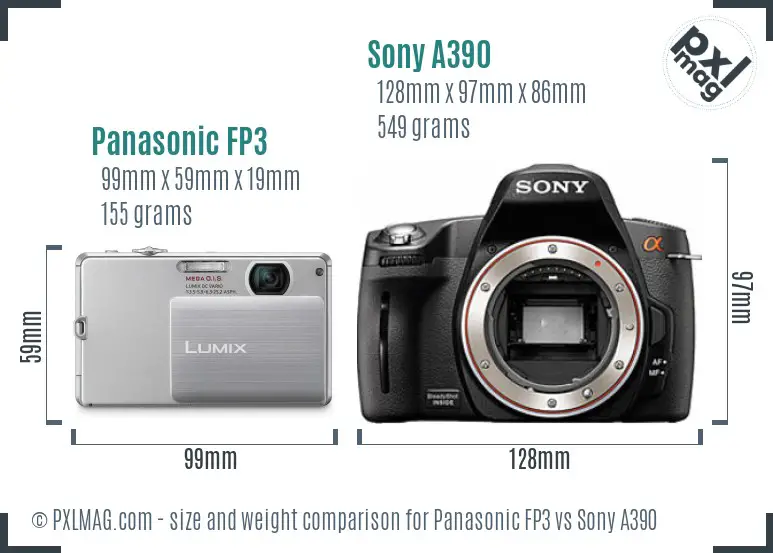 Panasonic FP3 vs Sony A390 size comparison
