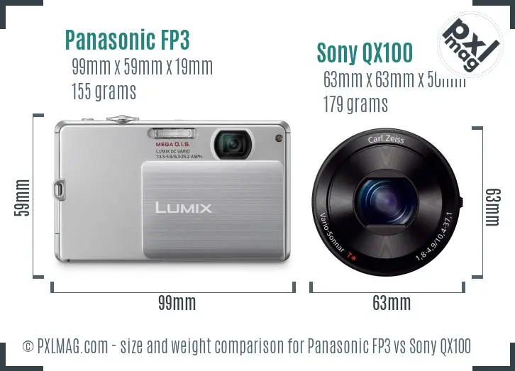 Panasonic FP3 vs Sony QX100 size comparison