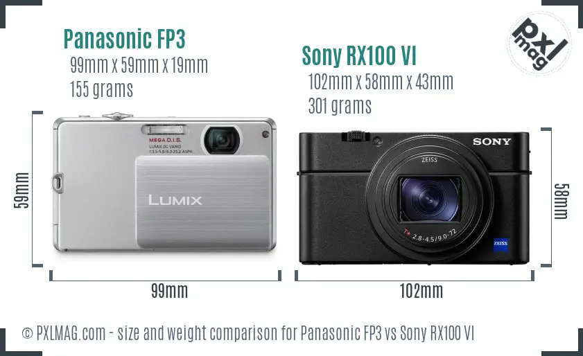 Panasonic FP3 vs Sony RX100 VI size comparison