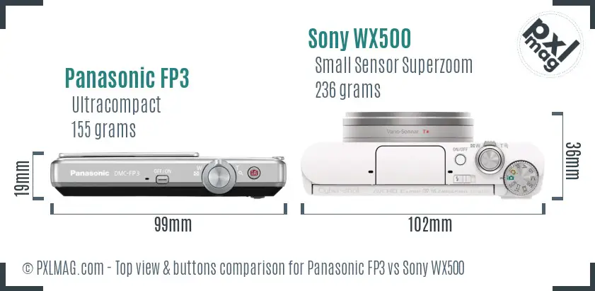 Panasonic FP3 vs Sony WX500 top view buttons comparison