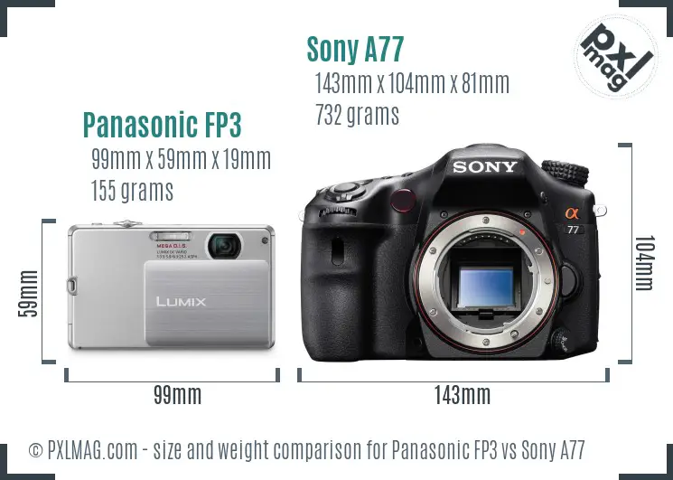 Panasonic FP3 vs Sony A77 size comparison