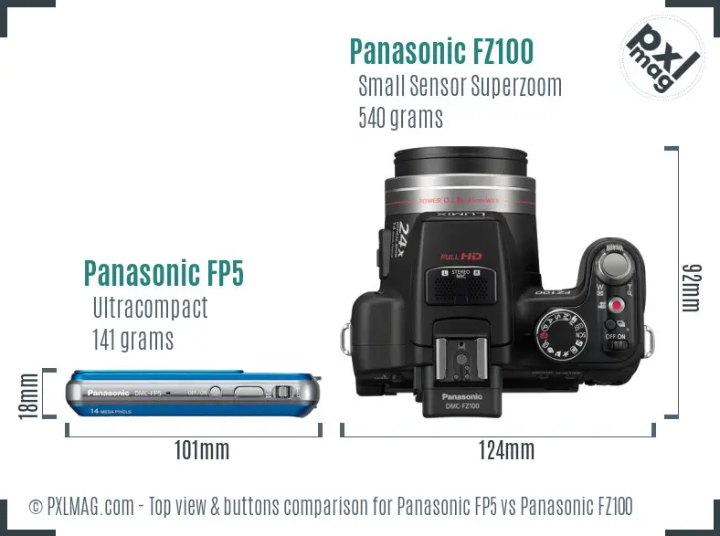 Panasonic FP5 vs Panasonic FZ100 top view buttons comparison Panasonic FP5 vs Panasonic FZ100 top view buttons comparison