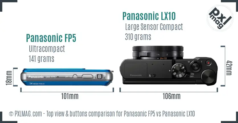 Panasonic FP5 vs Panasonic LX10 top view buttons comparison Panasonic FP5 vs Panasonic LX10 top view buttons comparison