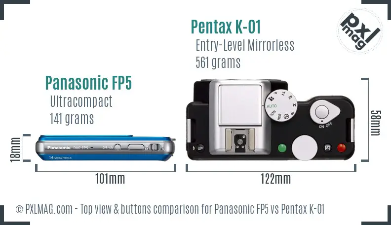 Panasonic FP5 vs Pentax K-01 top view buttons comparison