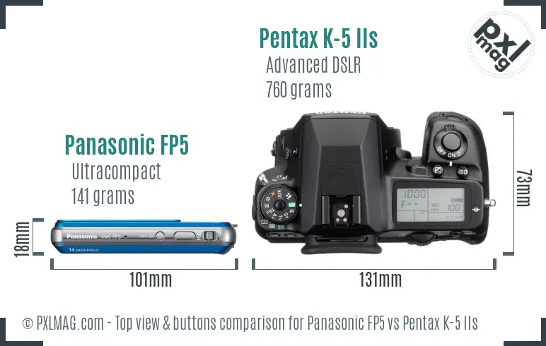 Panasonic FP5 vs Pentax K-5 IIs top view buttons comparison