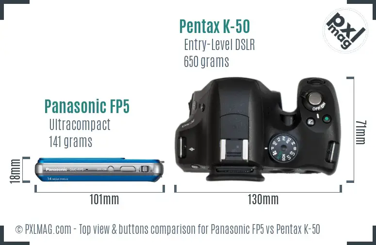 Panasonic FP5 vs Pentax K-50 top view buttons comparison