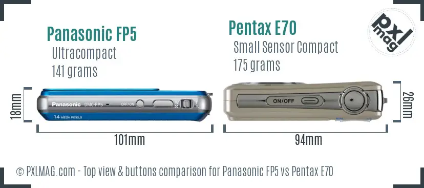Panasonic FP5 vs Pentax E70 top view buttons comparison