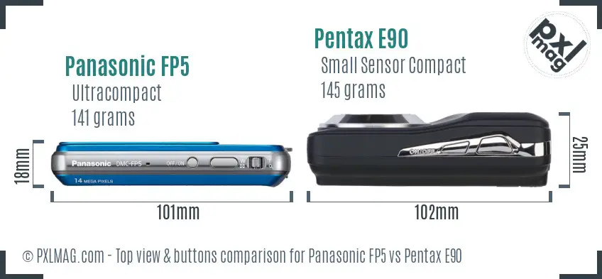 Panasonic FP5 vs Pentax E90 top view buttons comparison