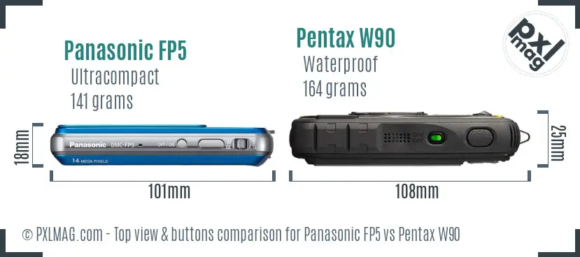 Panasonic FP5 vs Pentax W90 top view buttons comparison