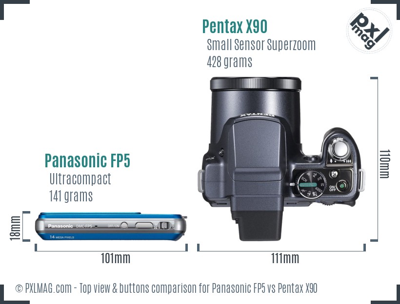Panasonic FP5 vs Pentax X90 top view buttons comparison