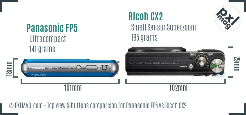 Panasonic FP5 vs Ricoh CX2 top view buttons comparison Panasonic FP5 vs Ricoh CX2 top view buttons comparison