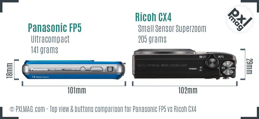 Panasonic FP5 vs Ricoh CX4 top view buttons comparison Panasonic FP5 vs Ricoh CX4 top view buttons comparison