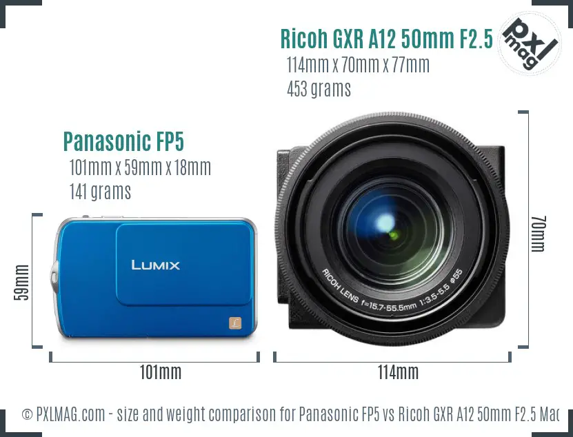 Panasonic FP5 vs Ricoh GXR A12 50mm F2.5 Macro size comparison