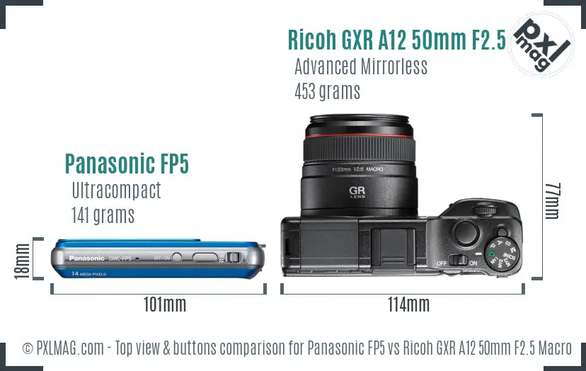 Panasonic FP5 vs Ricoh GXR A12 50mm F2.5 Macro top view buttons comparison