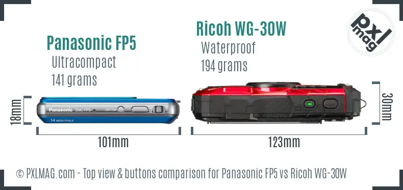Panasonic FP5 vs Ricoh WG-30W top view buttons comparison