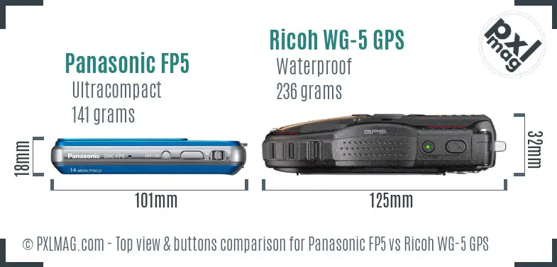 Panasonic FP5 vs Ricoh WG-5 GPS top view buttons comparison Panasonic FP5 vs Ricoh WG-5 GPS top view buttons comparison