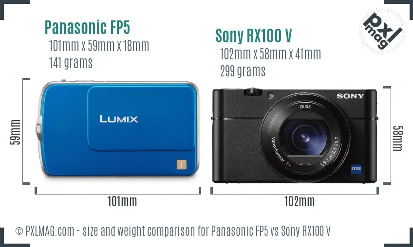 Panasonic FP5 vs Sony RX100 V size comparison