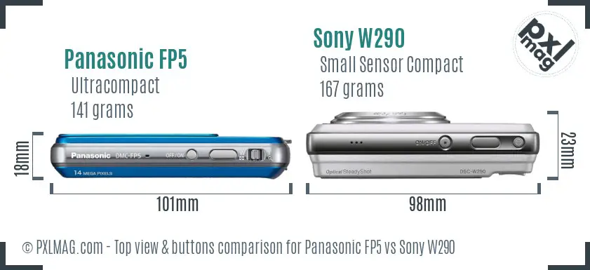 Panasonic FP5 vs Sony W290 top view buttons comparison Panasonic FP5 vs Sony W290 top view buttons comparison