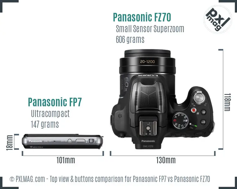 Panasonic FP7 vs Panasonic FZ70 top view buttons comparison Panasonic FP7 vs Panasonic FZ70 top view buttons comparison