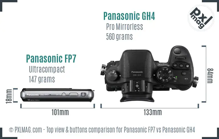 Panasonic FP7 vs Panasonic GH4 top view buttons comparison Panasonic FP7 vs Panasonic GH4 top view buttons comparison