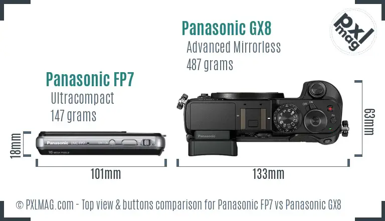 Panasonic FP7 vs Panasonic GX8 top view buttons comparison Panasonic FP7 vs Panasonic GX8 top view buttons comparison