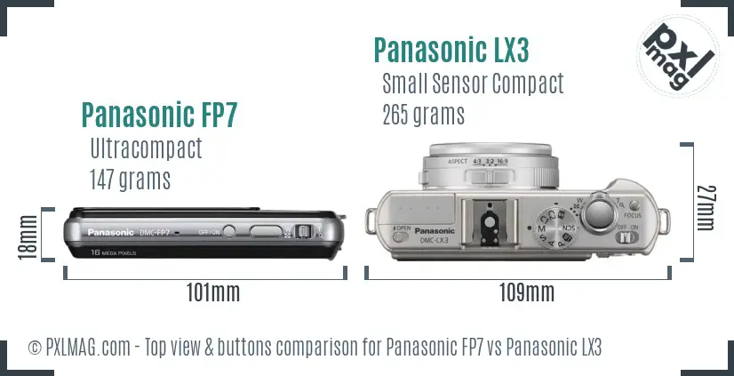 Panasonic FP7 vs Panasonic LX3 top view buttons comparison Panasonic FP7 vs Panasonic LX3 top view buttons comparison