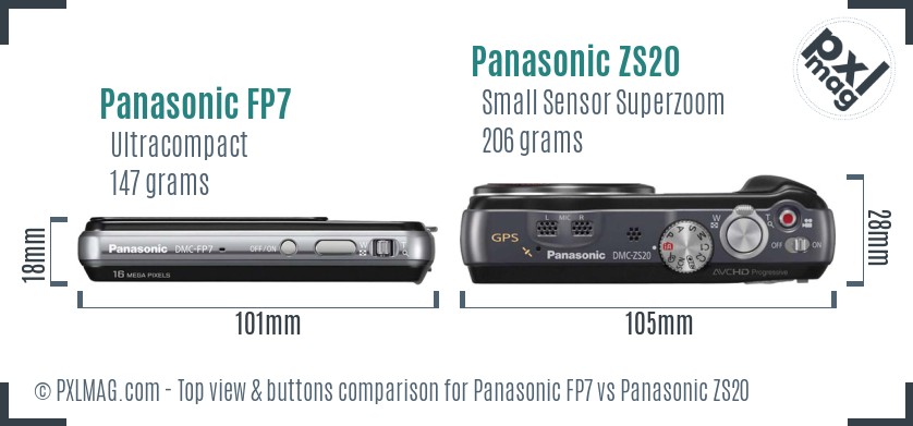 Panasonic FP7 vs Panasonic ZS20 top view buttons comparison