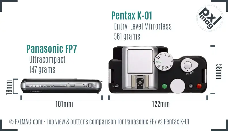 Panasonic FP7 vs Pentax K-01 top view buttons comparison
