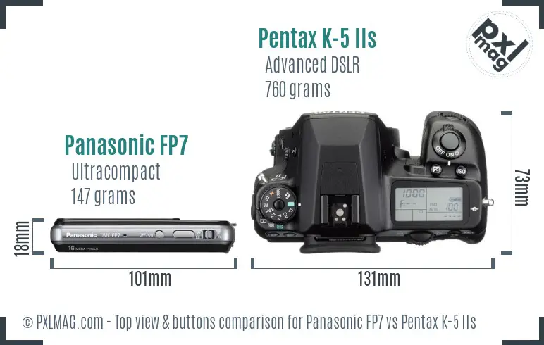 Panasonic FP7 vs Pentax K-5 IIs top view buttons comparison
