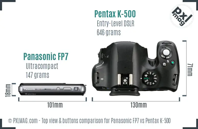 Panasonic FP7 vs Pentax K-500 top view buttons comparison