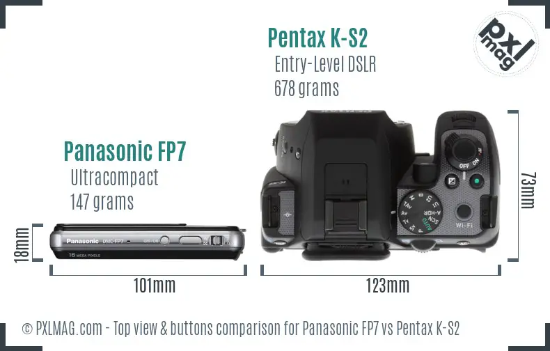 Panasonic FP7 vs Pentax K-S2 top view buttons comparison