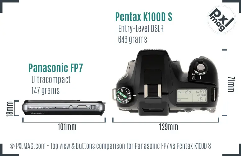 Panasonic FP7 vs Pentax K100D S top view buttons comparison
