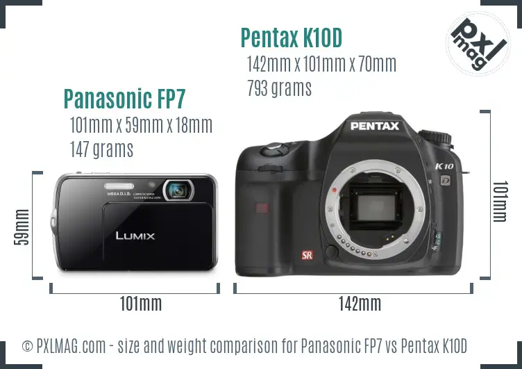 Panasonic FP7 vs Pentax K10D size comparison