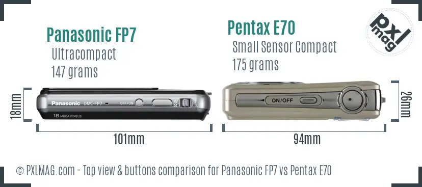 Panasonic FP7 vs Pentax E70 top view buttons comparison Panasonic FP7 vs Pentax E70 top view buttons comparison
