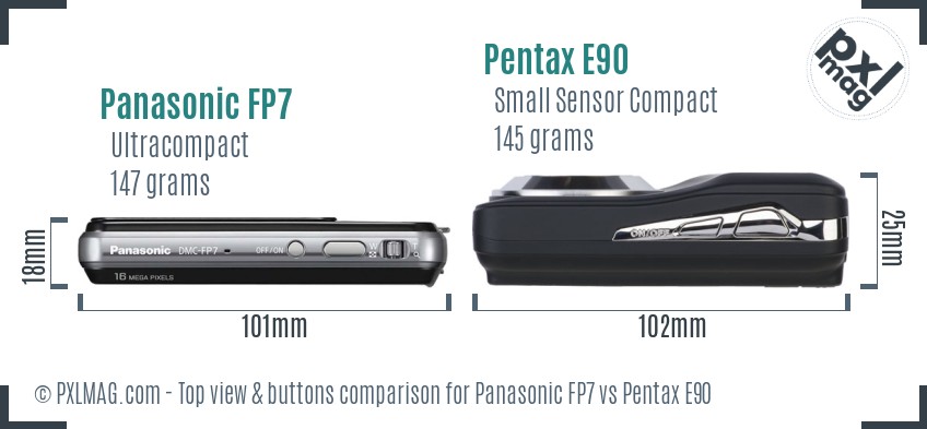 Panasonic FP7 vs Pentax E90 top view buttons comparison