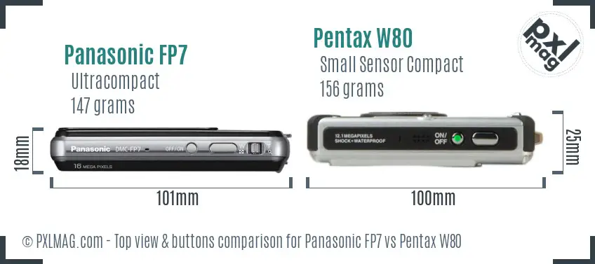 Panasonic FP7 vs Pentax W80 top view buttons comparison Panasonic FP7 vs Pentax W80 top view buttons comparison