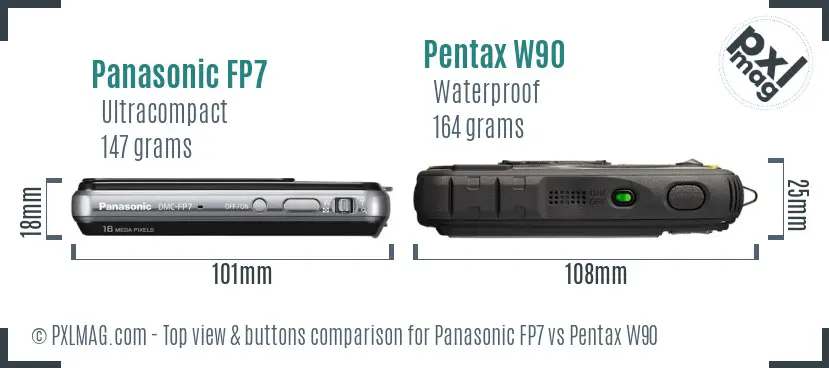 Panasonic FP7 vs Pentax W90 top view buttons comparison