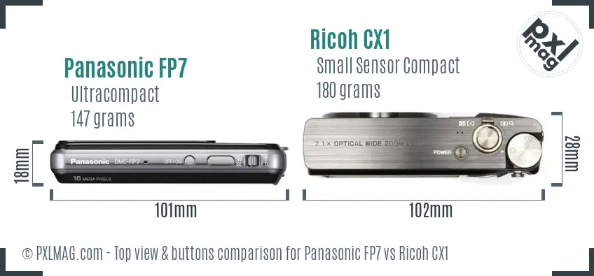 Panasonic FP7 vs Ricoh CX1 top view buttons comparison