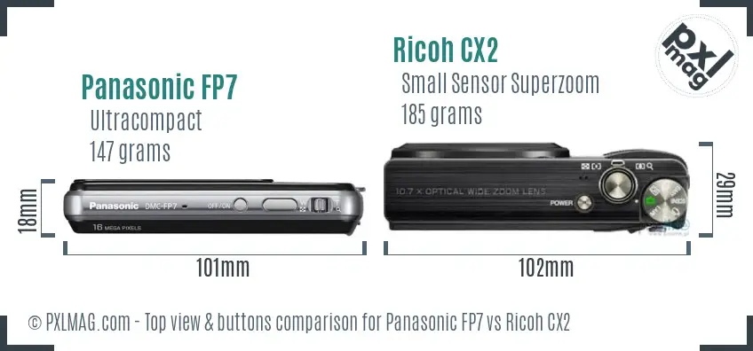 Panasonic FP7 vs Ricoh CX2 top view buttons comparison