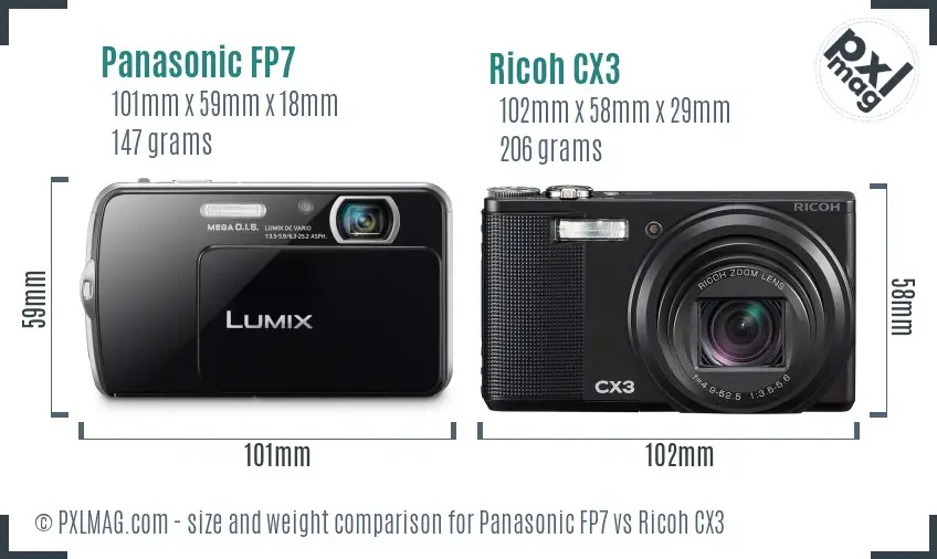 Panasonic FP7 vs Ricoh CX3 size comparison