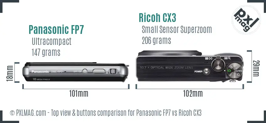 Panasonic FP7 vs Ricoh CX3 top view buttons comparison