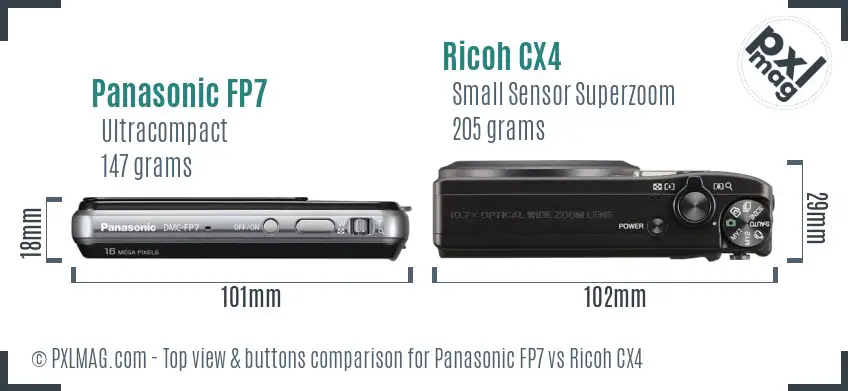 Panasonic FP7 vs Ricoh CX4 top view buttons comparison Panasonic FP7 vs Ricoh CX4 top view buttons comparison