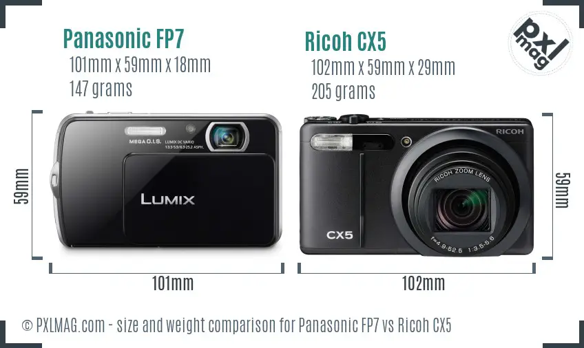 Panasonic FP7 vs Ricoh CX5 size comparison