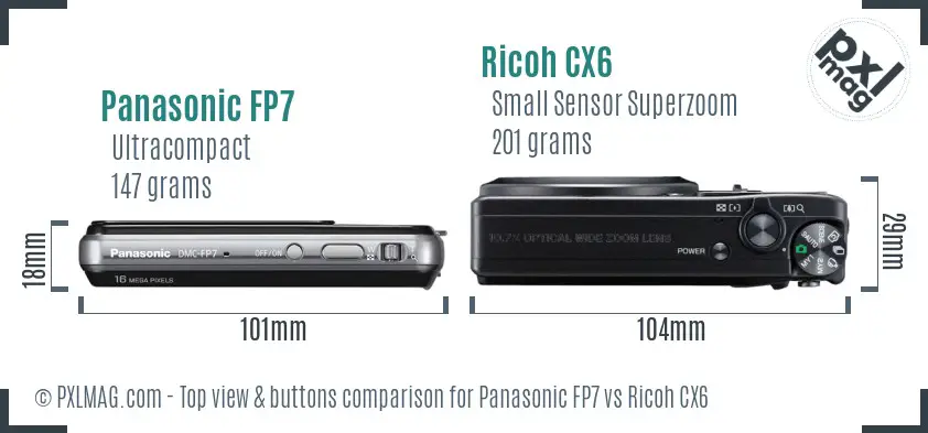 Panasonic FP7 vs Ricoh CX6 top view buttons comparison