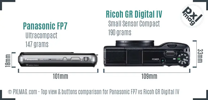Panasonic FP7 vs Ricoh GR Digital IV top view buttons comparison Panasonic FP7 vs Ricoh GR Digital IV top view buttons comparison